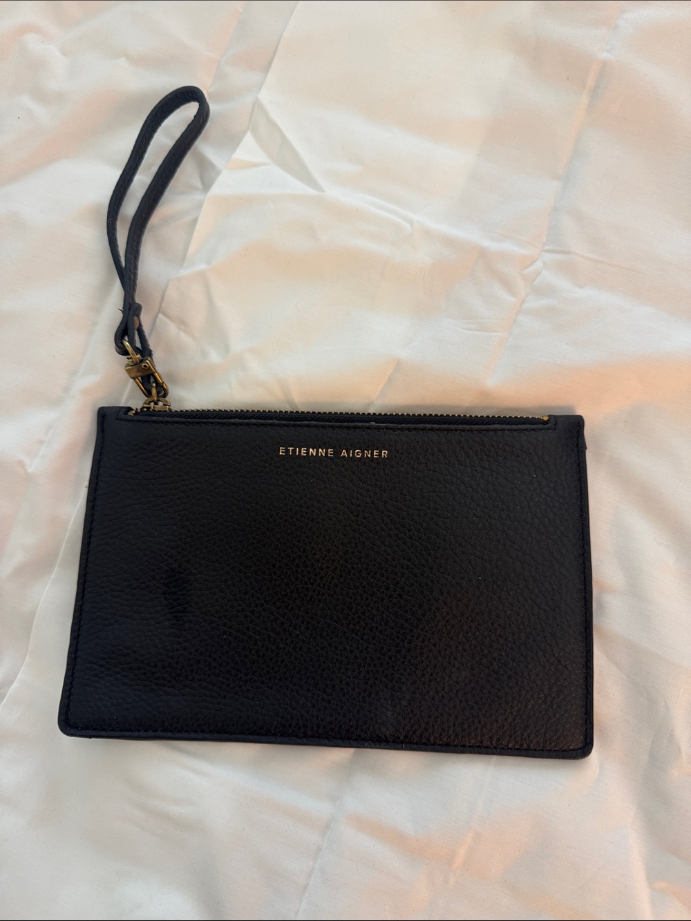 Etienne Aigner Black Leather Wristlet Clutch with Gold Hardware
